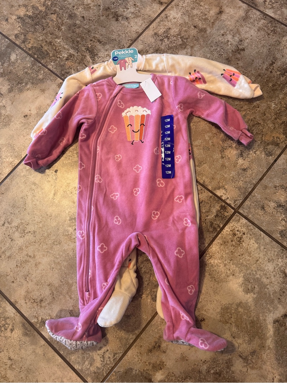 NWT set of (2) pink Pekkle fleece footed sleepers cute popcorn graphic size 12m